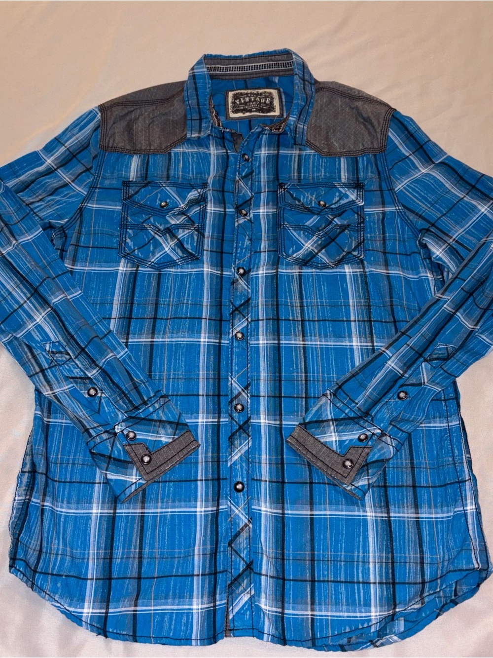 BKE Blue Plaid Men’s Shirt Pearl Snap-Medium